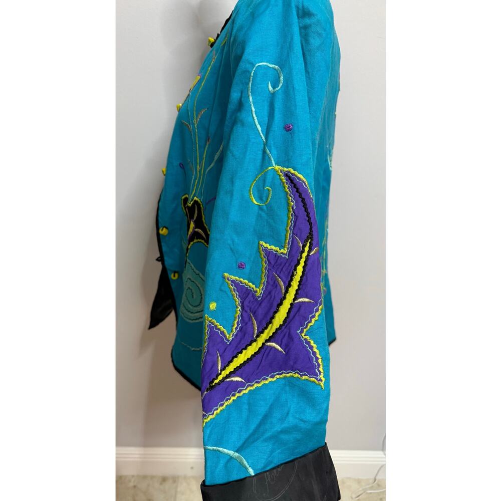 Vintage Alex Kim Embroidered blue Jacket Size Floral Butterfly Artsy cotton Med - Picture 3 of 6